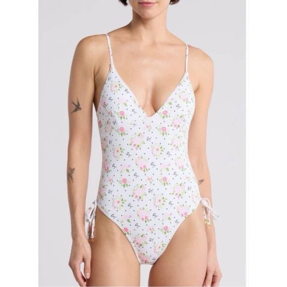 Betsey Johnson Polkadot Bouquet One Piece V-Neck Swimsuit - Picture 1 of 8